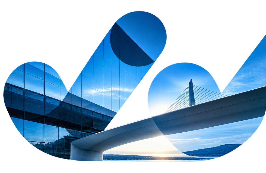 Edifício envidraçado e ponte recortados na geometria JJActivos