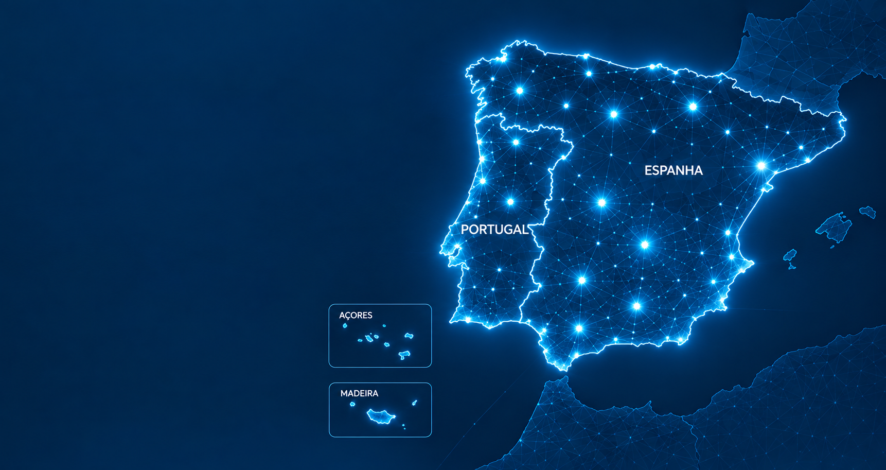 Mapa da Península Ibérica com a presença da JJActivos em Portugal e Espanha, incluindo Açores, Madeira, Baleares e Canárias.