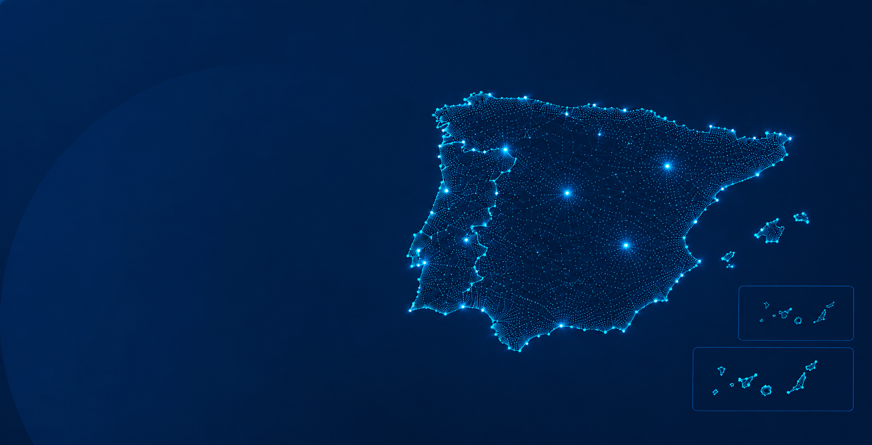 Mapa da Península Ibérica destacando a presença da JJActivos em Portugal e Espanha, continente e ilhas.